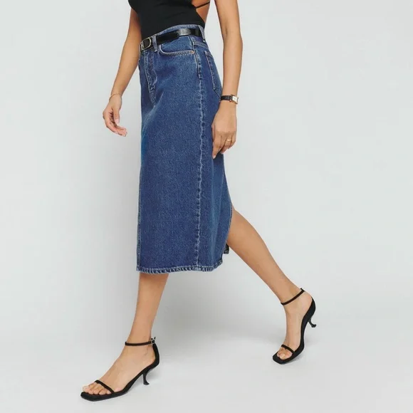Reformation Jayde High Rise Denim Jean Midi Skirt - Picture 2 of 7